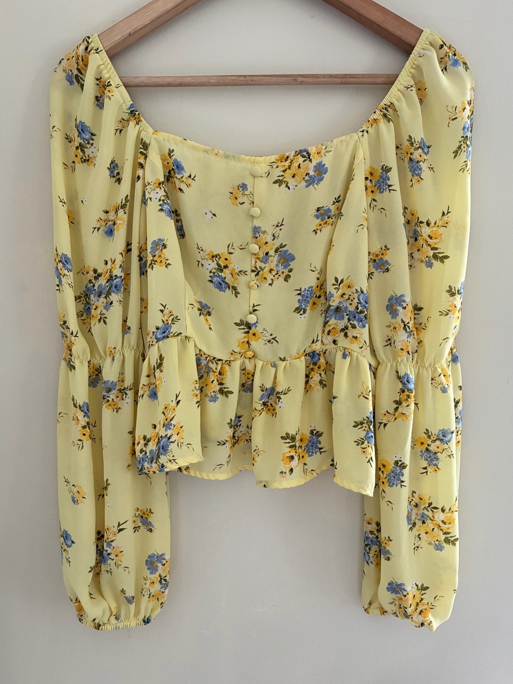 Blu Pepper Yellow Floral Smocked Peplum Blouse Long Sleeve Square Neck Top M